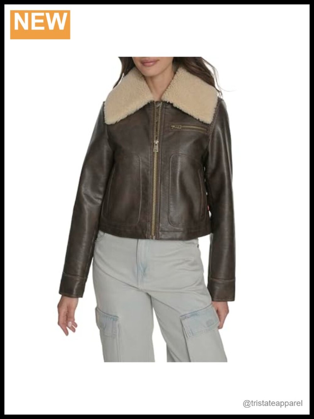 Faux Leather Aviator Jacket with Quilted Lining, Zip Closure